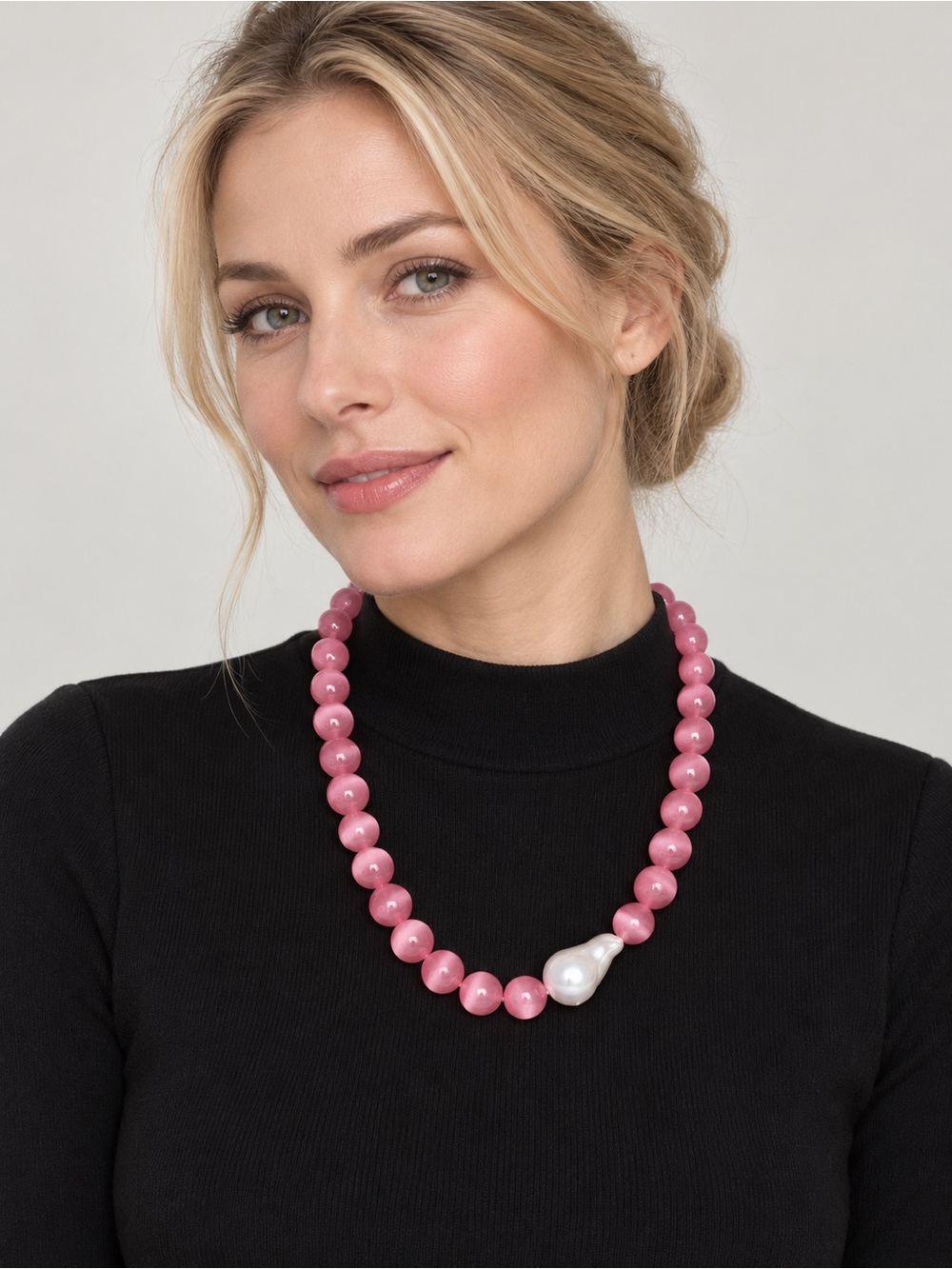 Pink Beaded Necklace with Single Baroque Pearl Accent
